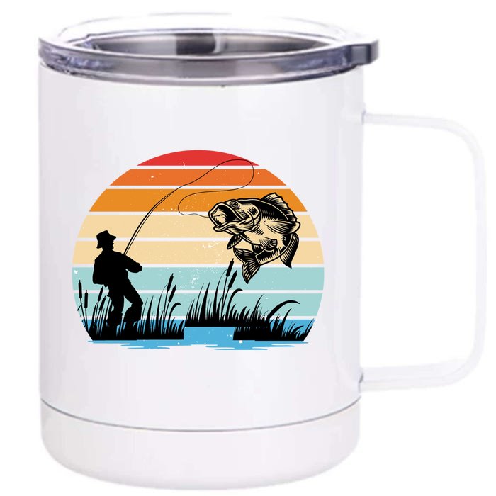 Fishing Sunset Retro Vintage Gift Front & Back 12oz Stainless Steel Tumbler Cup