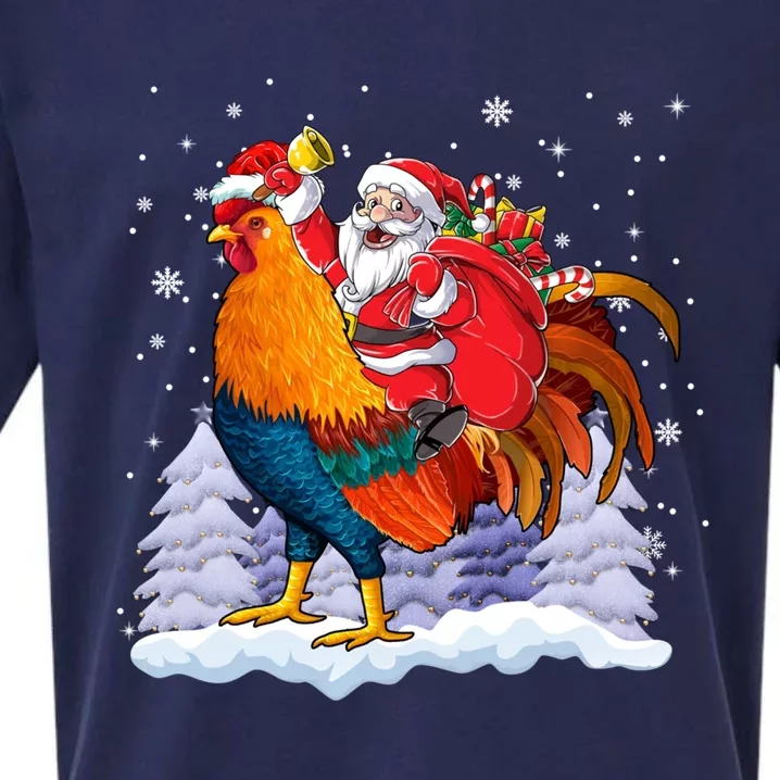 Funny Santa Ridding Chicken Gift Merry Chickmas Christmas Pajamas Gift Sueded Cloud Jersey T-Shirt