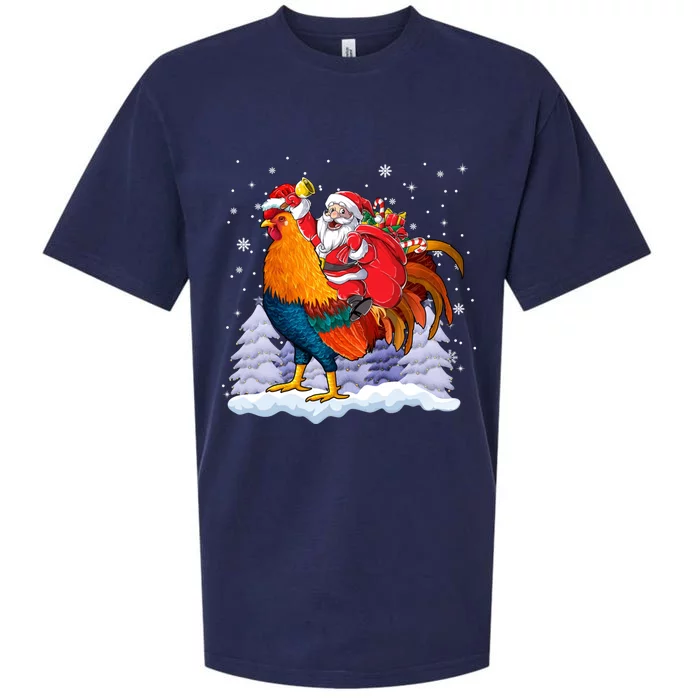 Funny Santa Ridding Chicken Gift Merry Chickmas Christmas Pajamas Gift Sueded Cloud Jersey T-Shirt