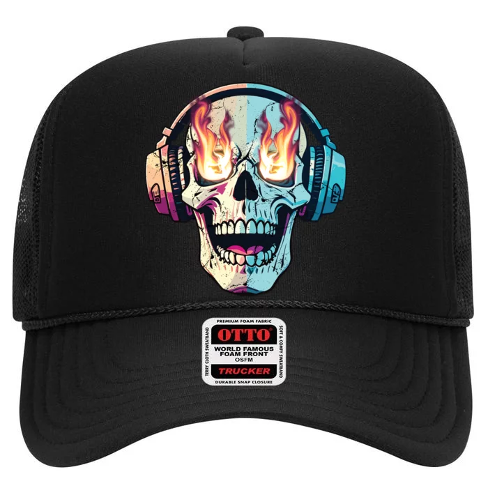 Flaming Skull Rock Music High Crown Mesh Trucker Hat