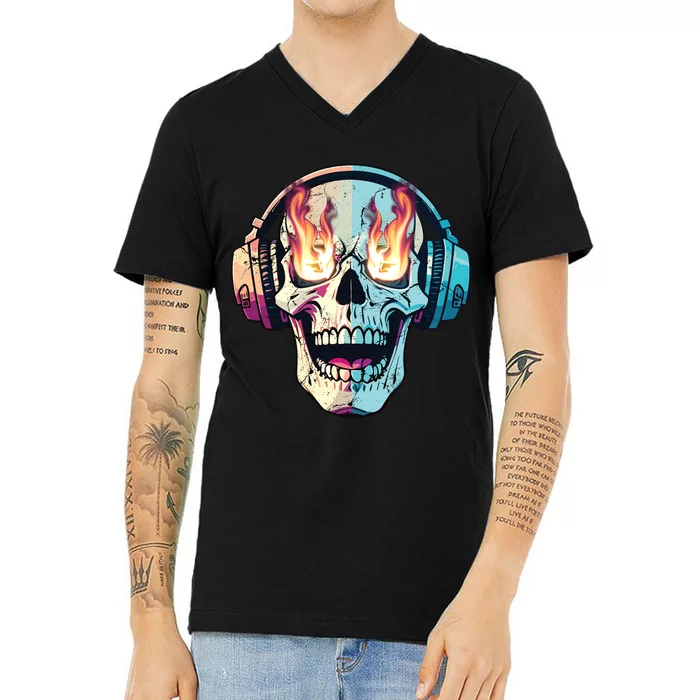 Flaming Skull Rock Music V-Neck T-Shirt