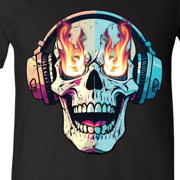 Flaming Skull Rock Music V-Neck T-Shirt