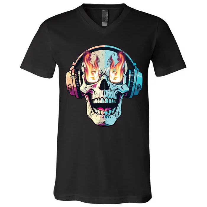 Flaming Skull Rock Music V-Neck T-Shirt