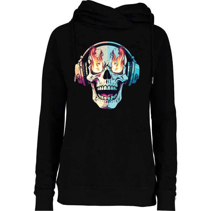 Flaming Skull Rock Music Womens Funnel Neck Pullover Hood