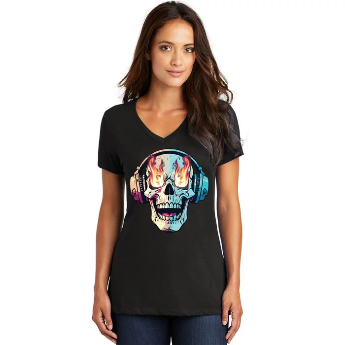 Flaming Skull Rock Music Women's V-Neck T-Shirt