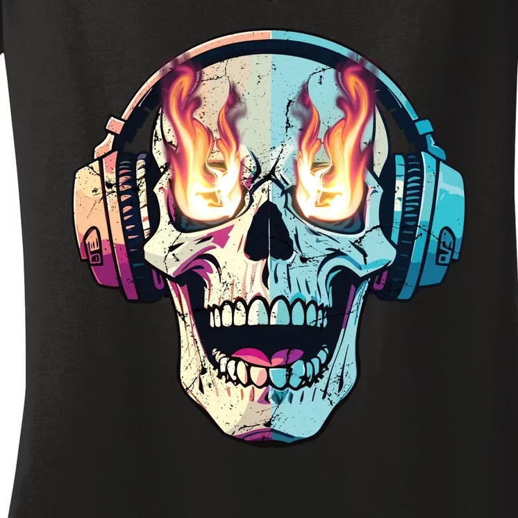 Flaming Skull Rock Music Women's V-Neck T-Shirt