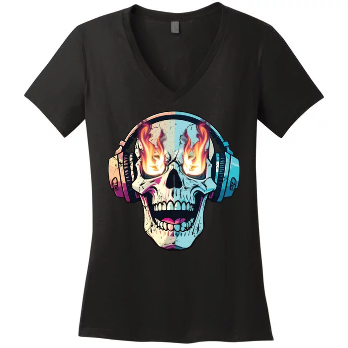 Flaming Skull Rock Music Women's V-Neck T-Shirt