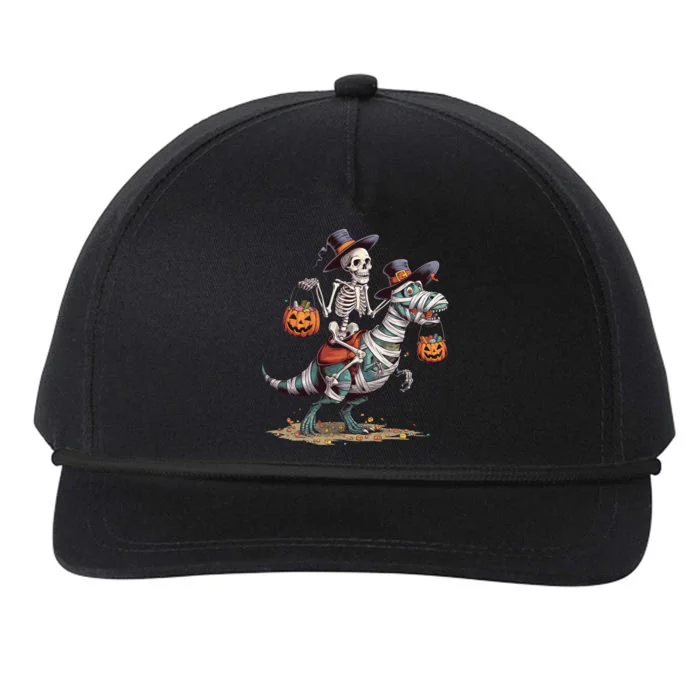 Funny Skeleton Riding Mummy Dinosaur T Rex Pumpkin Halloween Gift Snapback Five-Panel Rope Hat