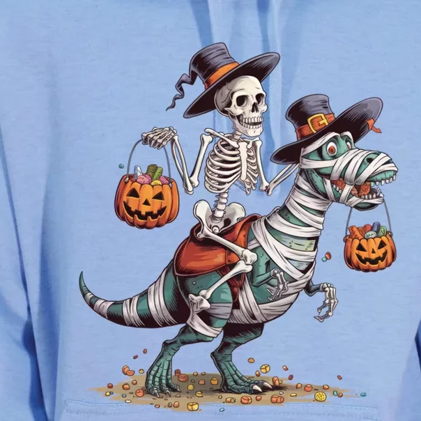 Funny Skeleton Riding Mummy Dinosaur T Rex Pumpkin Halloween Gift Unisex Surf Hoodie