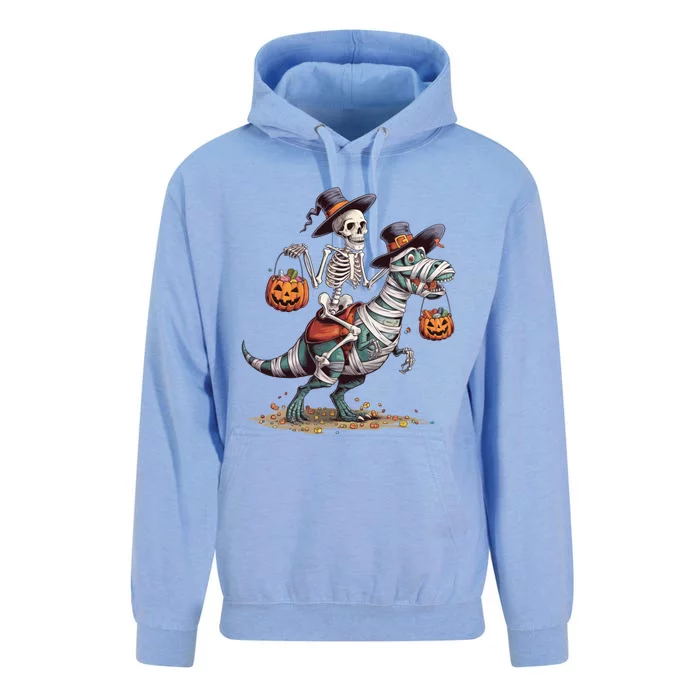 Funny Skeleton Riding Mummy Dinosaur T Rex Pumpkin Halloween Gift Unisex Surf Hoodie