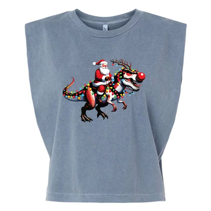 Funny Santa Riding A Reindeer Dinosaur Christmas Garment-Dyed Women's Muscle Tee