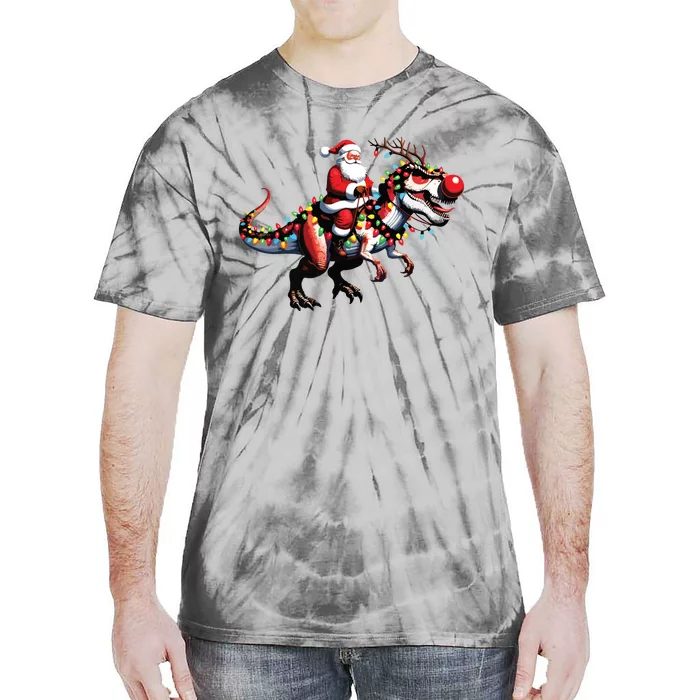 Funny Santa Riding A Reindeer Dinosaur Christmas Tie-Dye T-Shirt