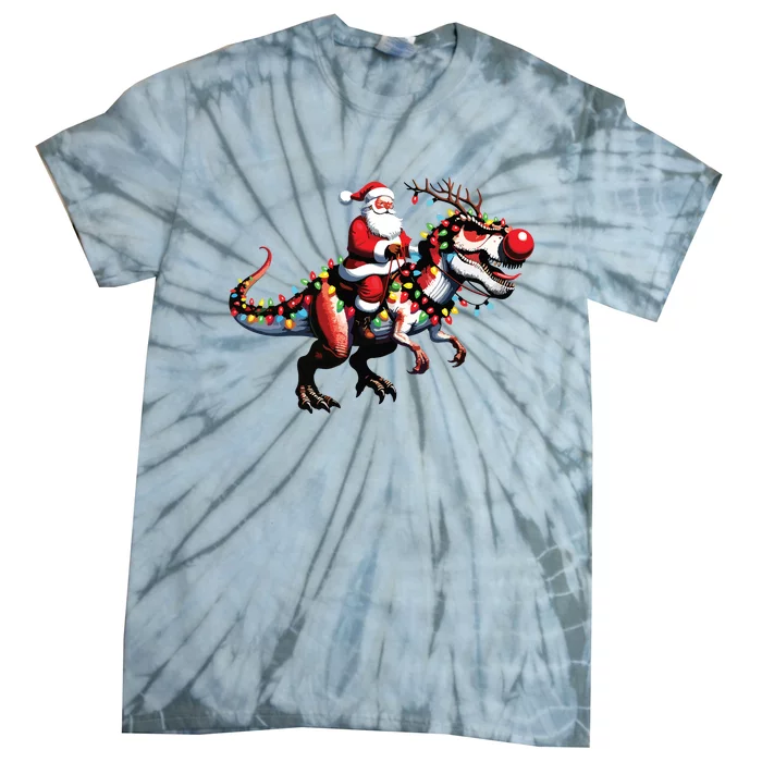 Funny Santa Riding A Reindeer Dinosaur Christmas Tie-Dye T-Shirt