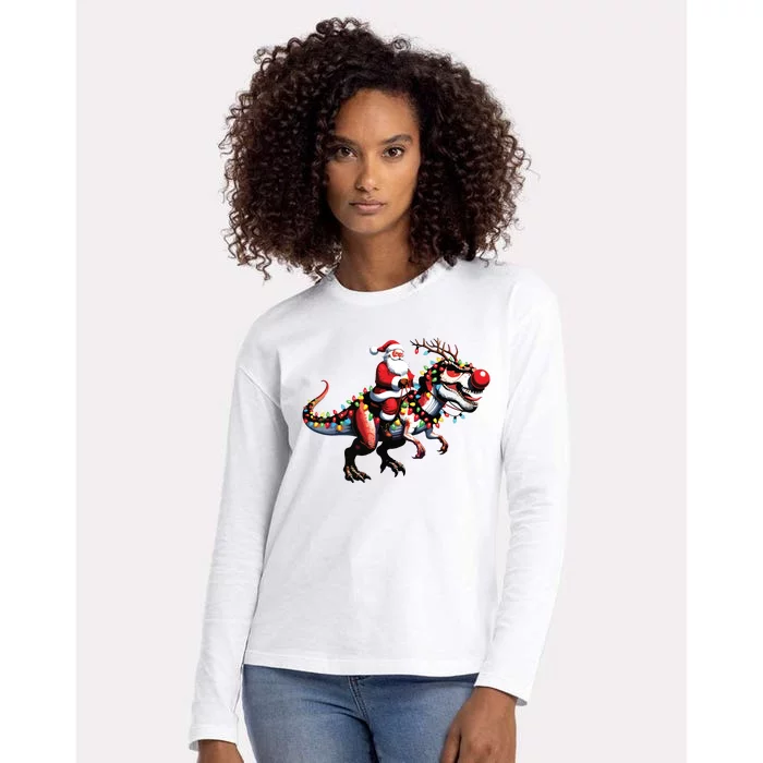 Funny Santa Riding A Reindeer Dinosaur Christmas Womens Cotton Relaxed Long Sleeve T-Shirt