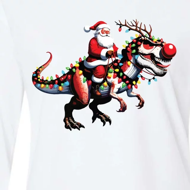 Funny Santa Riding A Reindeer Dinosaur Christmas Womens Cotton Relaxed Long Sleeve T-Shirt