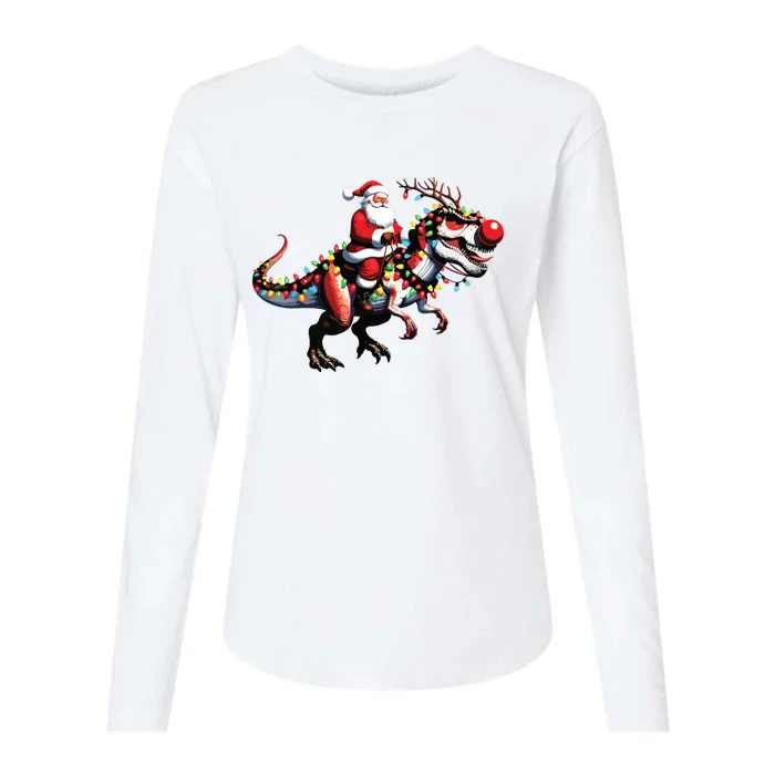 Funny Santa Riding A Reindeer Dinosaur Christmas Womens Cotton Relaxed Long Sleeve T-Shirt