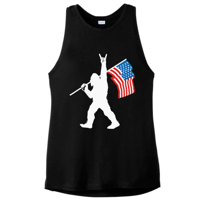 Funny Sasquatch Rock And Roll USA Flag For Bigfoot Believers Ladies Tri-Blend Wicking Tank