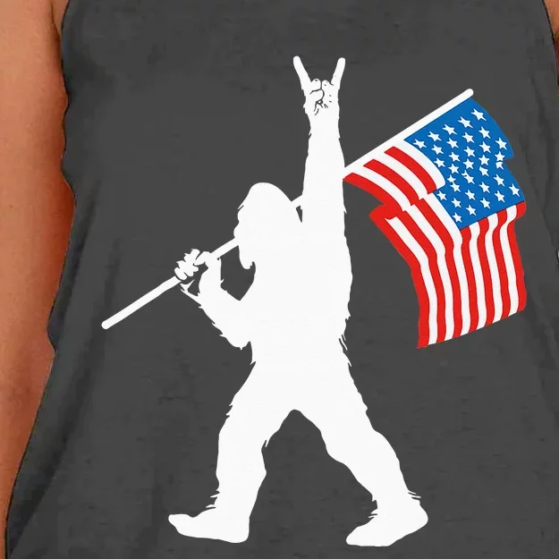 Funny Sasquatch Rock And Roll USA Flag For Bigfoot Believers Women's Knotted Racerback Tank