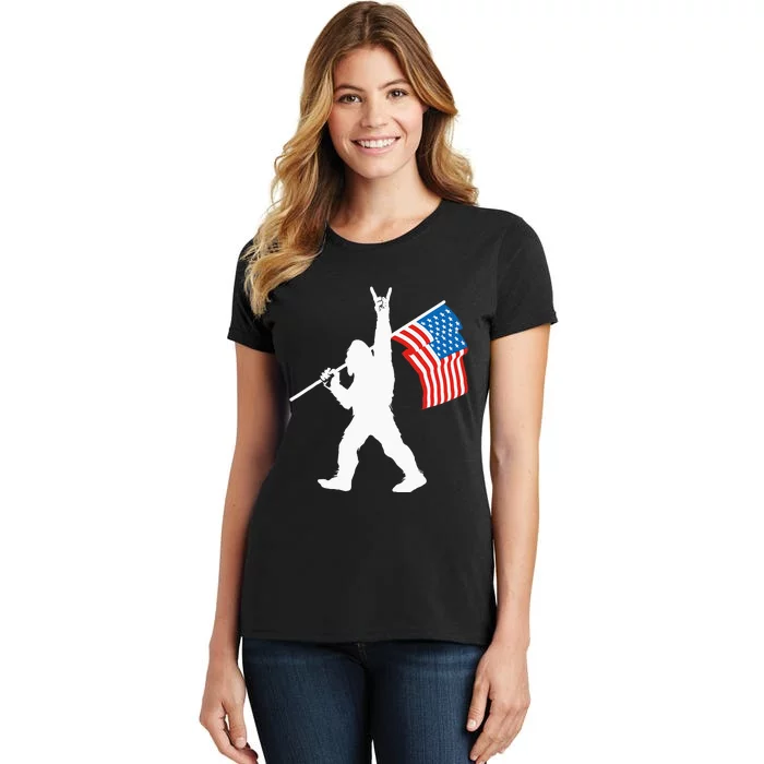 Funny Sasquatch Rock And Roll USA Flag For Bigfoot Believers Women's T-Shirt