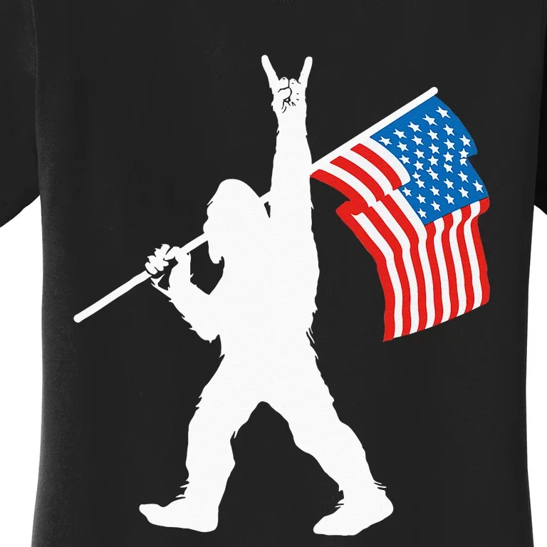 Funny Sasquatch Rock And Roll USA Flag For Bigfoot Believers Women's T-Shirt