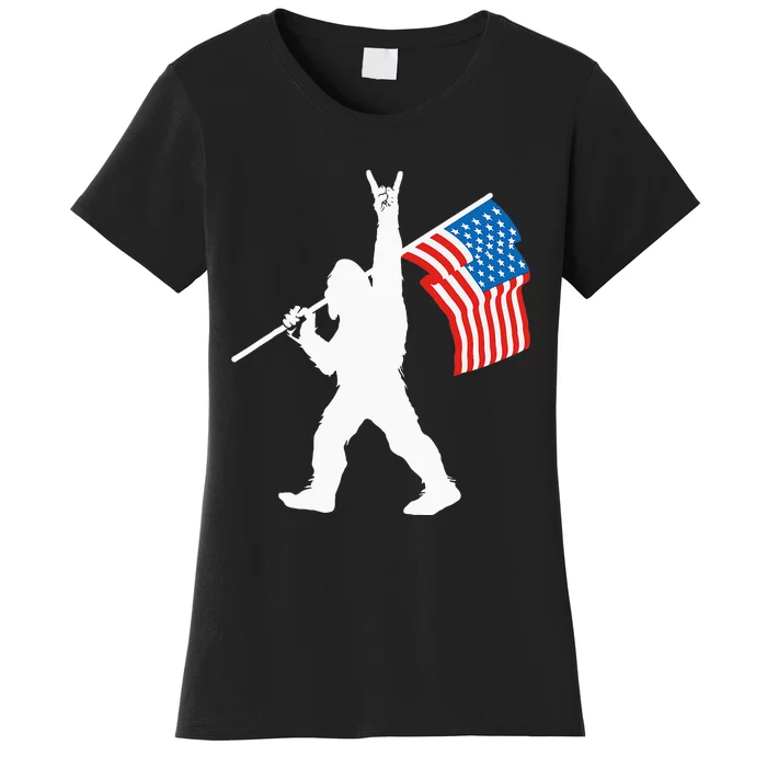 Funny Sasquatch Rock And Roll USA Flag For Bigfoot Believers Women's T-Shirt