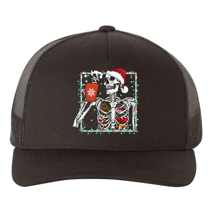 Festive Skeleton Sipping Coffee Latte in Christmas Theme Yupoong Adult 5-Panel Trucker Hat