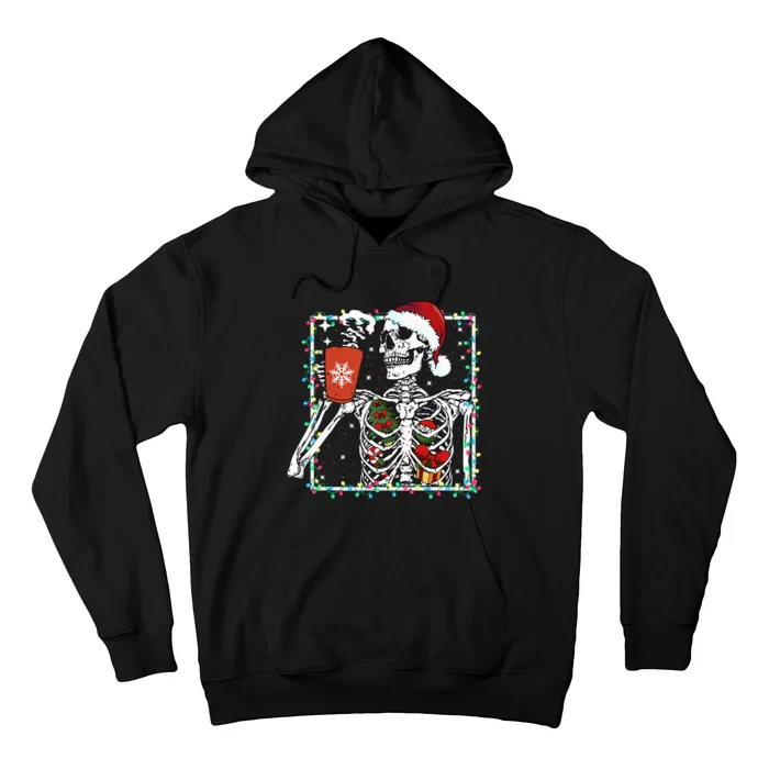 Festive Skeleton Sipping Coffee Latte in Christmas Theme Hoodie