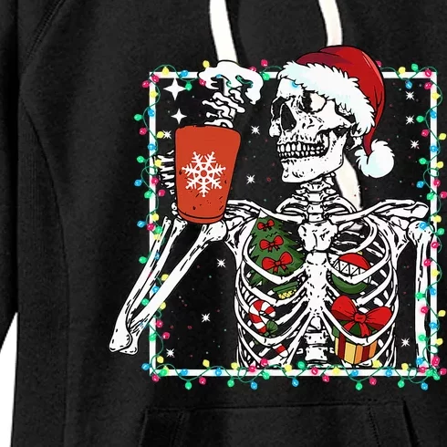 Festive Skeleton Sipping Coffee Latte in Christmas Theme Women's Fleece Hoodie