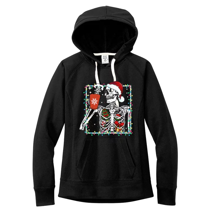 Festive Skeleton Sipping Coffee Latte in Christmas Theme Women's Fleece Hoodie