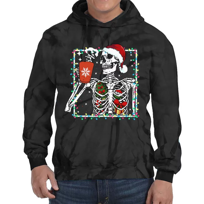 Festive Skeleton Sipping Coffee Latte in Christmas Theme Tie Dye Hoodie