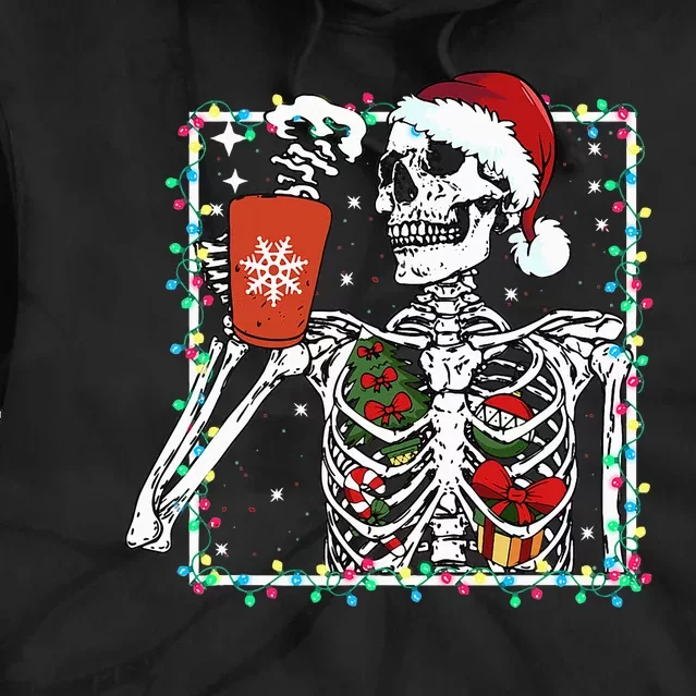 Festive Skeleton Sipping Coffee Latte in Christmas Theme Tie Dye Hoodie