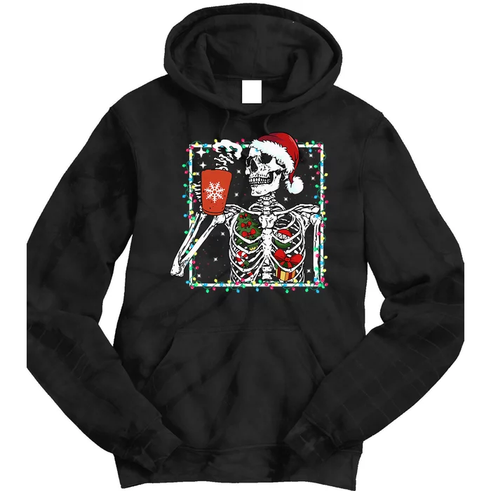 Festive Skeleton Sipping Coffee Latte in Christmas Theme Tie Dye Hoodie