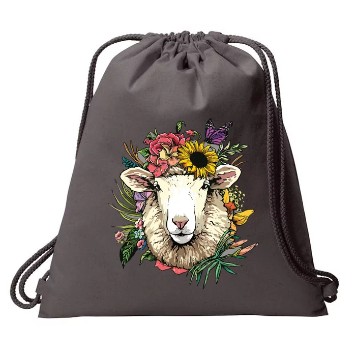 Floral Sheepp Spring Nature Farm Sheepp Lovers Drawstring Bag