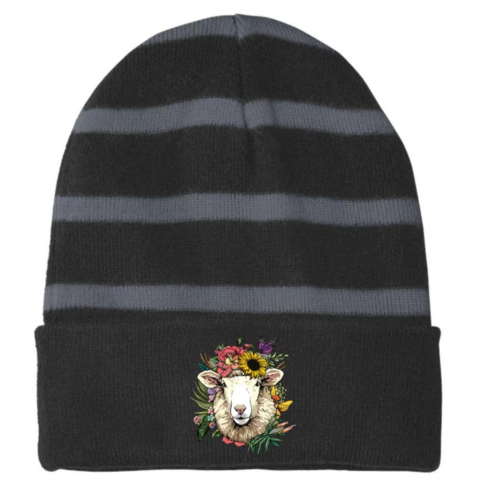 Floral Sheepp Spring Nature Farm Sheepp Lovers Striped Beanie with Solid Band