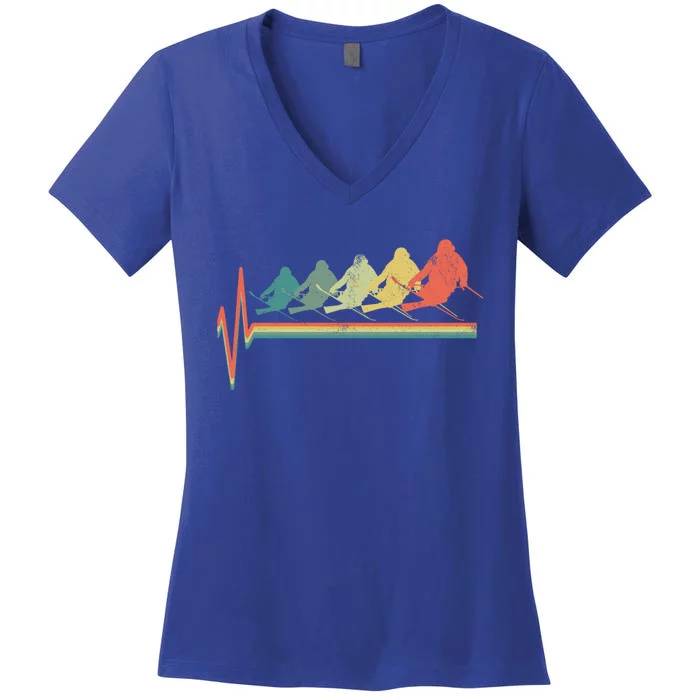 Freestyle Ski Skiing Skier Heartbeat Retro Funny Gift Women's V-Neck T-Shirt