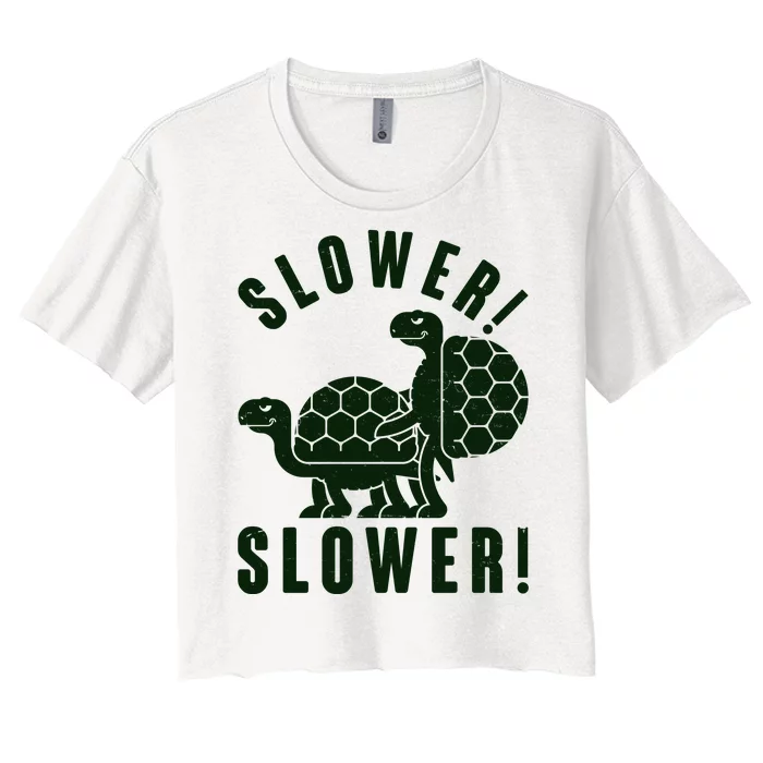 Funny Slower Slower Two Turtles Women's Crop Top Tee