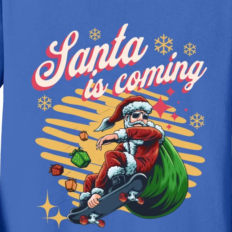 Funny Skateboard Santa Claus Is Coming Merry Christmas Great Gift Kids Long Sleeve Shirt