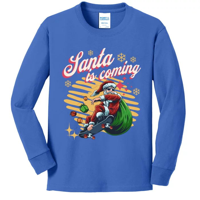 Funny Skateboard Santa Claus Is Coming Merry Christmas Great Gift Kids Long Sleeve Shirt