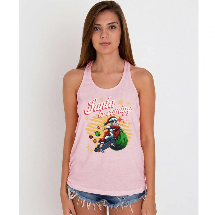 Funny Skateboard Santa Claus Is Coming Merry Christmas Great Gift Women's Knotted Racerback Tank