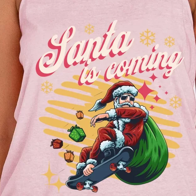 Funny Skateboard Santa Claus Is Coming Merry Christmas Great Gift Women's Knotted Racerback Tank