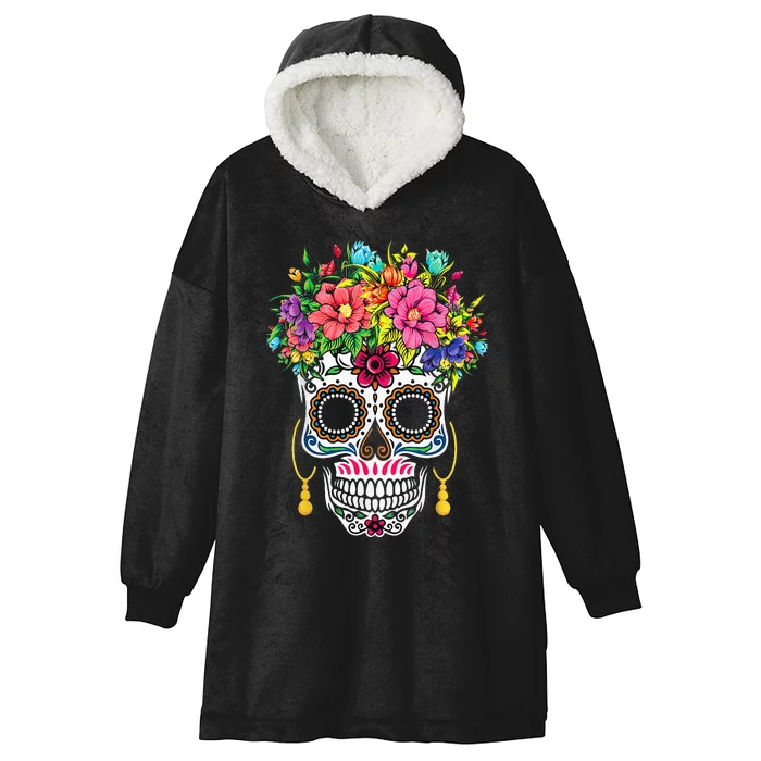 Flower Sugar Skull Souls Day Muertos Day Of Dead Halloween Hooded Wearable Blanket