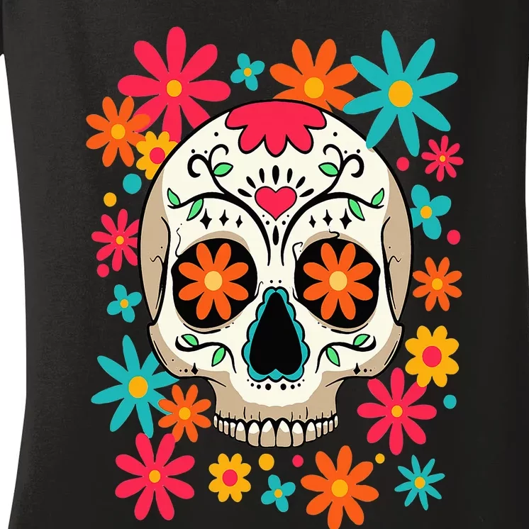 Floral Sugar Skull Dia De Muertos Day of The Dead Hippie Women's V-Neck T-Shirt