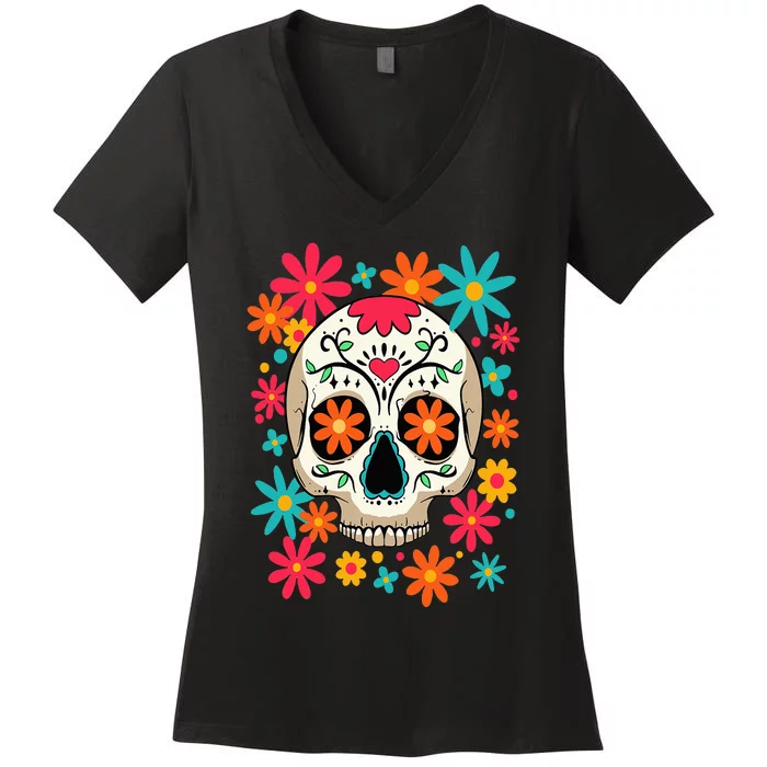 Floral Sugar Skull Dia De Muertos Day of The Dead Hippie Women's V-Neck T-Shirt