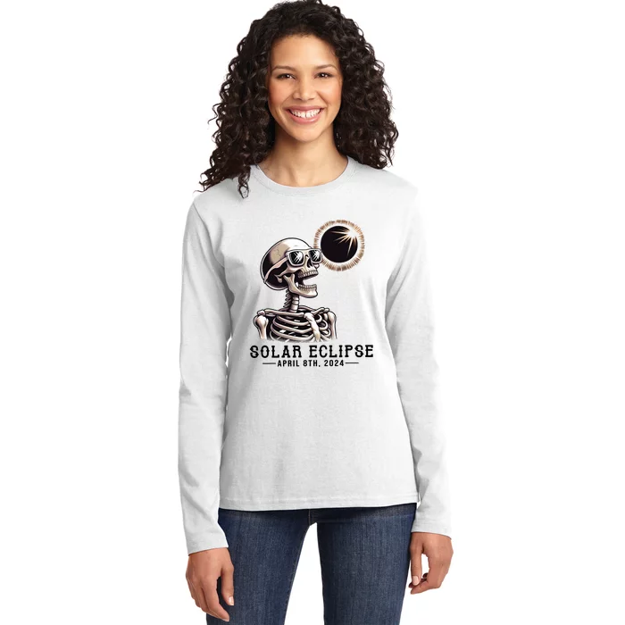 Funny Skeleton Solar Eclipse April 8th 2024 Ladies Long Sleeve Shirt