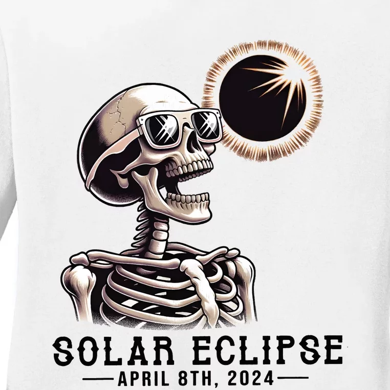 Funny Skeleton Solar Eclipse April 8th 2024 Ladies Long Sleeve Shirt