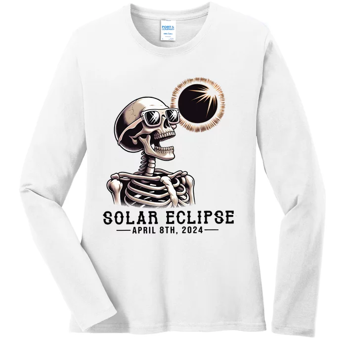 Funny Skeleton Solar Eclipse April 8th 2024 Ladies Long Sleeve Shirt