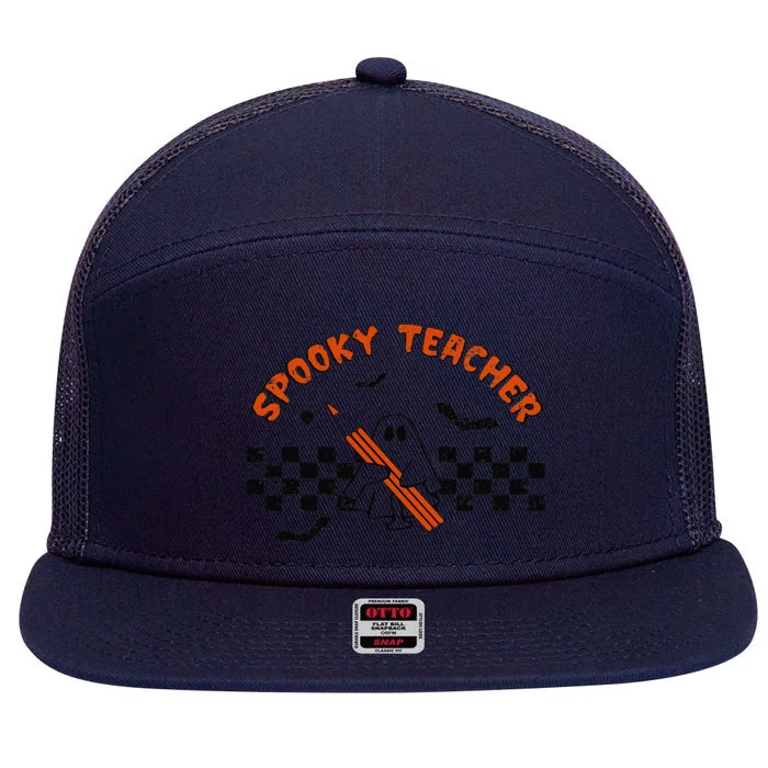 Funny Spooky Season Retro Spooky Teacher Halloween Costume Love 7 Panel Mesh Trucker Snapback Hat