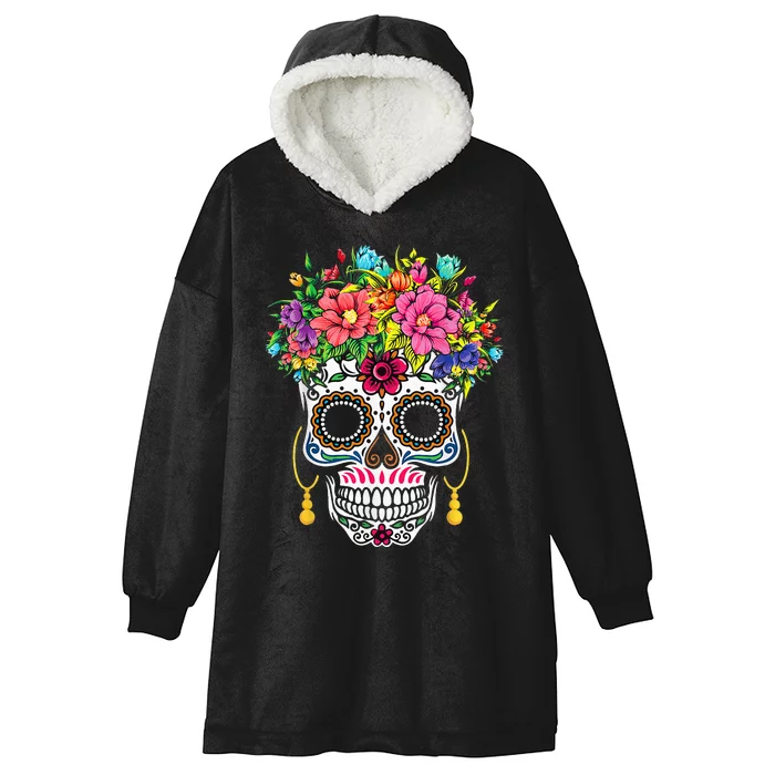 Flower Sugar Skull Souls Day Muertos Day Of Dead Hooded Wearable Blanket