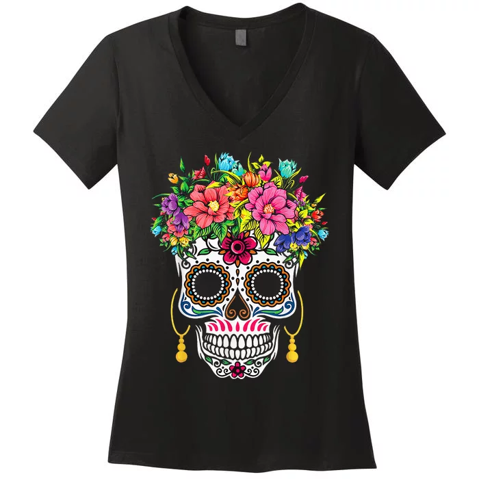 Flower Sugar Skull Souls Day Muertos Day Of Dead Women's V-Neck T-Shirt