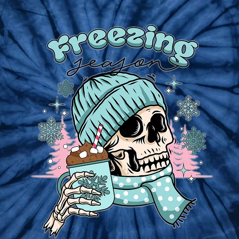 Freezing Season Skeleton Drinking Coffee Funny Winter Tie-Dye T-Shirt